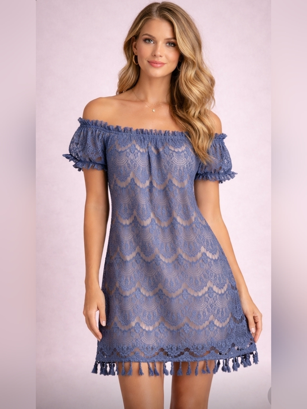 Mason & Belle Off Shoulder Lace Dress Purple Blue Women's Small